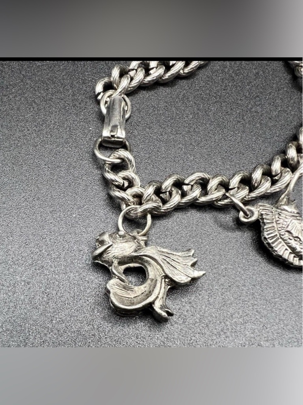 Vtg Heavy Charm Bracelet Silver Tone Fish Coastal Nautical Ocean Whimsical Beach